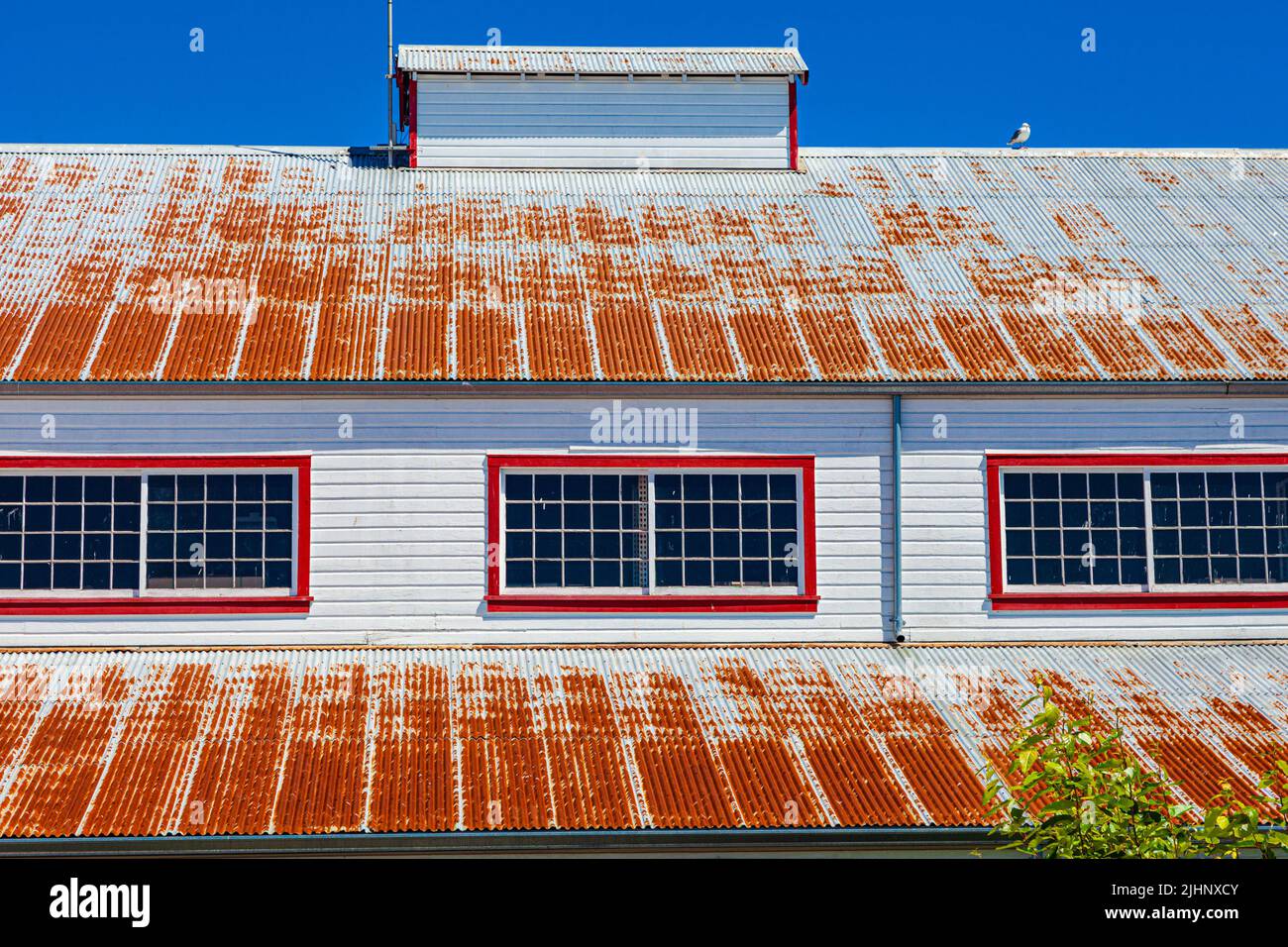 Corroded roof of a warehouse in a marine environment in Steveston British Columbia Canada Stock Photo