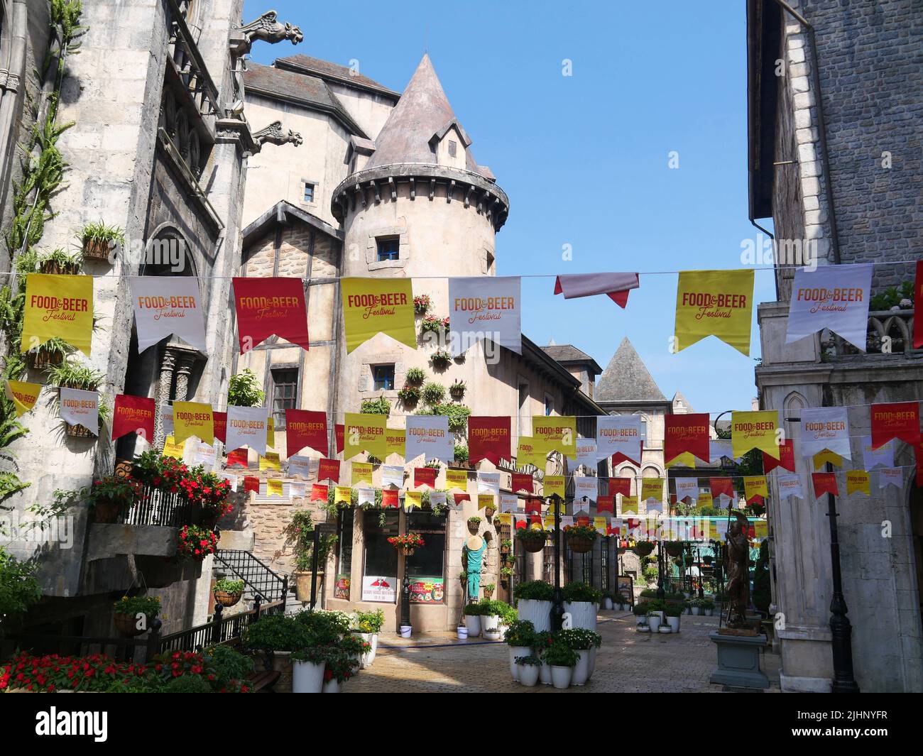 Da Nang, Vietnam - April 14, 2021: French village in Ba Na Hills Mountain Resort, the multi-levels complex filled with amusement rides, attractions, r Stock Photo