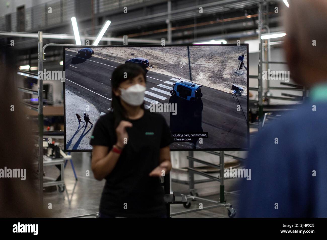 Safety features for the Zoox, a self-driving vehicle owned by Amazon, are seen on a video screen during a media tour at the company's factory in Fremont, California, U.S. July 19, 2022.  REUTERS/Carlos Barria Stock Photo