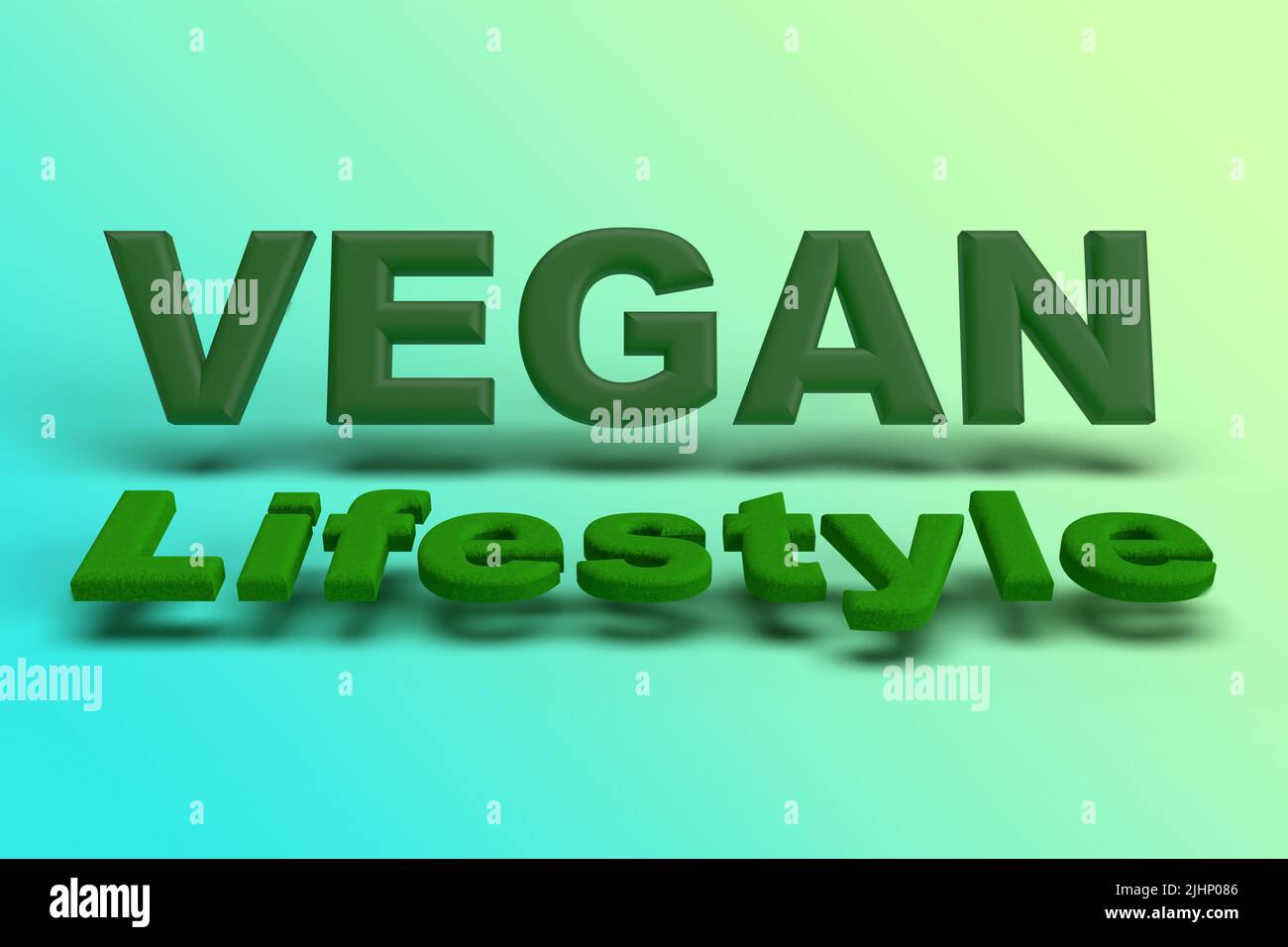 3D Vegan Lifestyle Text, 3D Render in Green Texture, concept for plant based lifestyle. Stock Photo