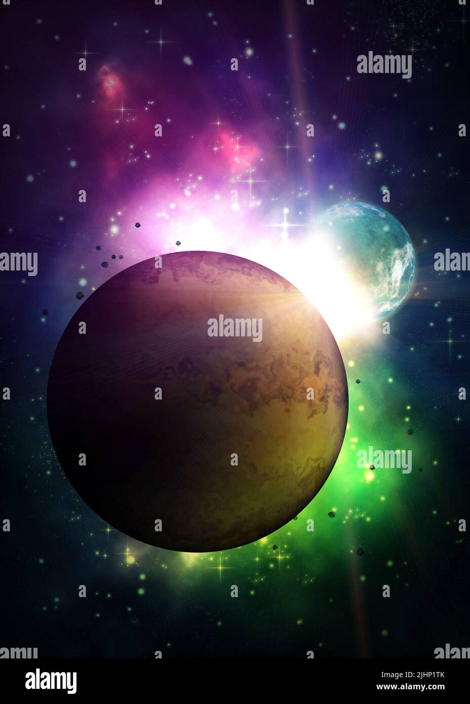 Abstract colorful nebula clouds and planets in the starry space ...