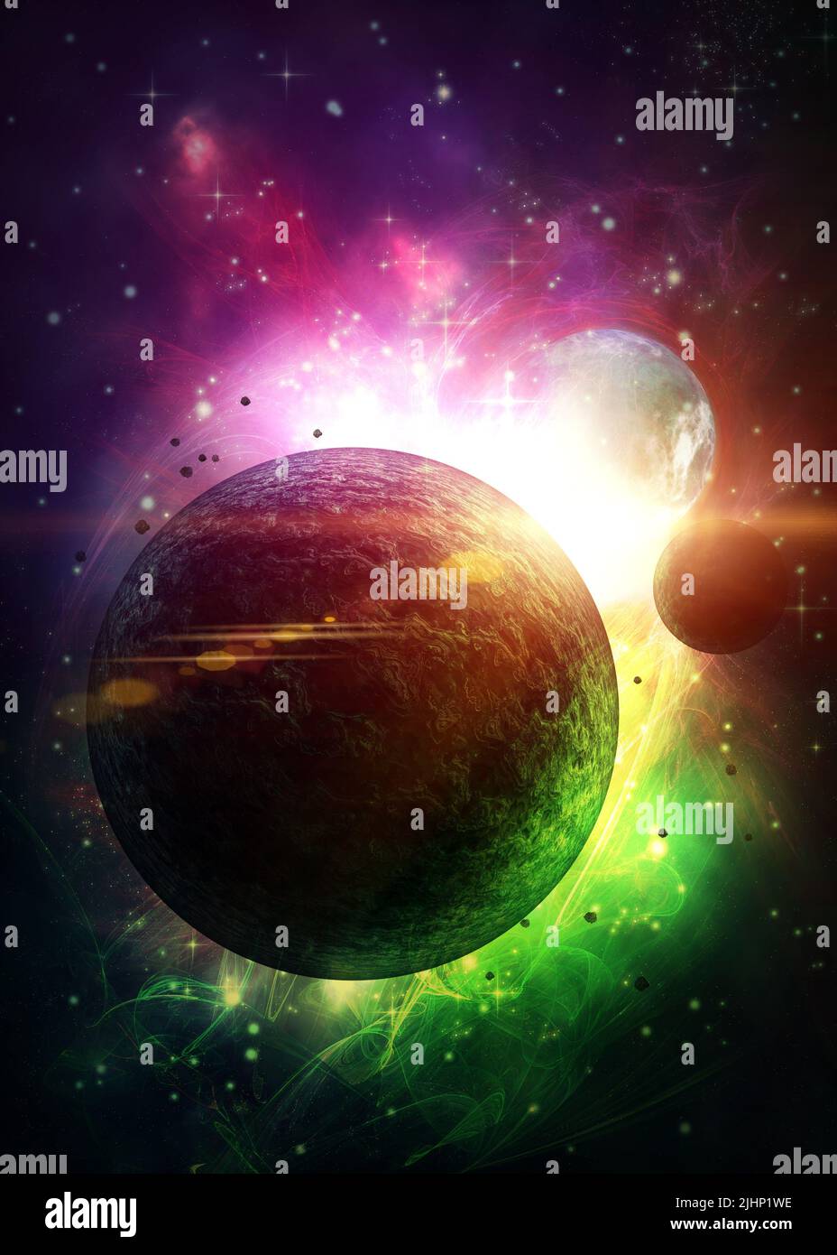 Abstract colorful nebula clouds and planets in the starry space ...