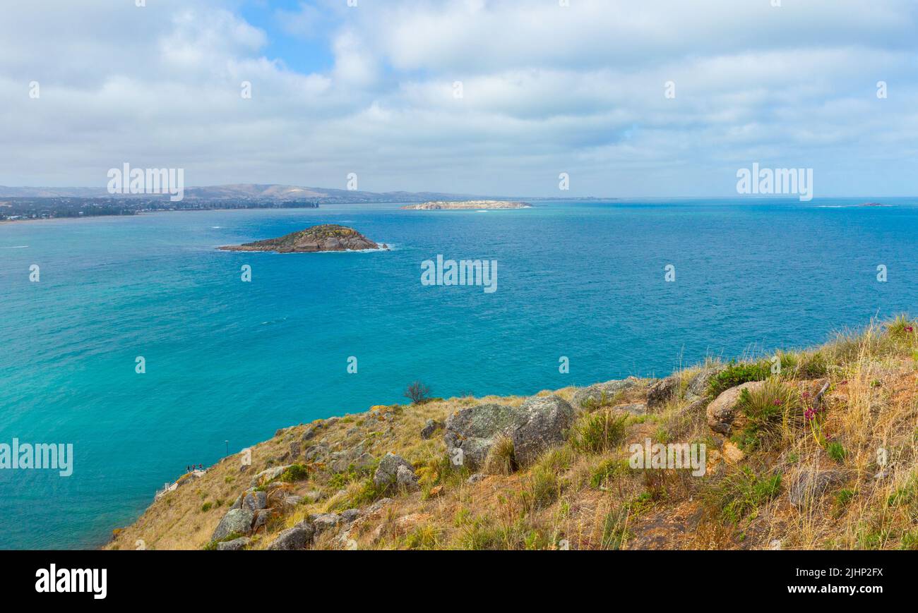 Encounter Bay in Victor Harbor, South Australia, seen from the Rosetta Headland Bluff looking towards Wright Island and Granite Island. Stock Photo
