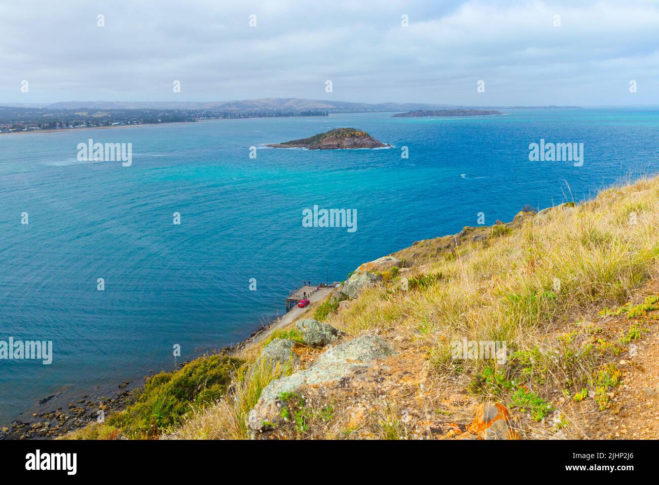 Encounter Bay in Victor Harbor, seen from the bluff at Rosetta Headland, looking towards Wright Island and Granite Island. Stock Photo