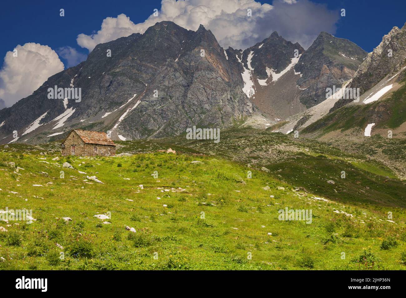 Typical alpine landscape in the summer season with little farm in Piedmont Europe Stock Photo