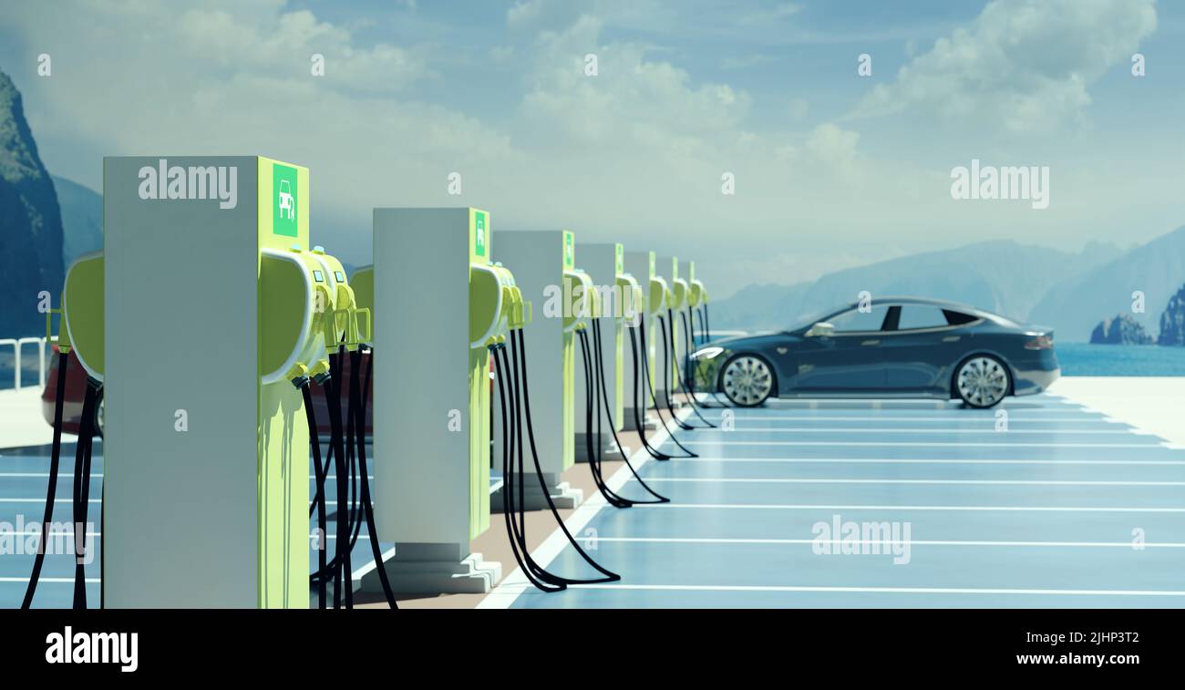 EV charging point at the beach, 3D illustration Stock Photo