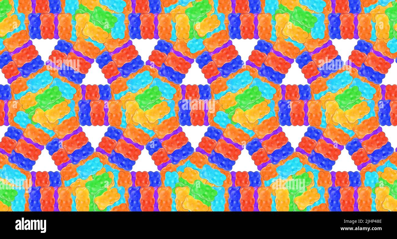 Kaleidoscopic style psychedelic gummy candies background. Stock Photo