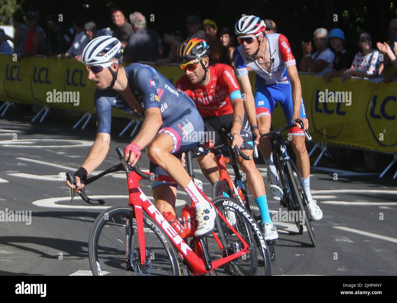 MOLLEMA Bauke of Trek - Segafredo , CARUSO Damiano of Bahrain - Victorious  and GENIETS Kevin of Groupama - FDJ during the Tour de France 2022, cycling  race stage 12, Briançon -