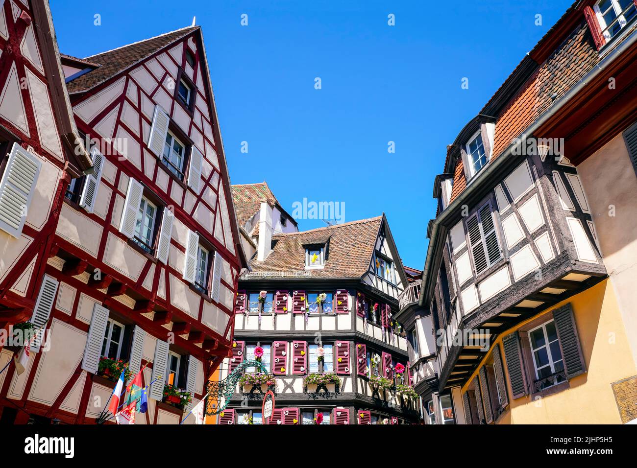 Colorful traditional Alsatian houses by Rue des Marchands in the historic town of Colmar, Alsace, France. Stock Photo