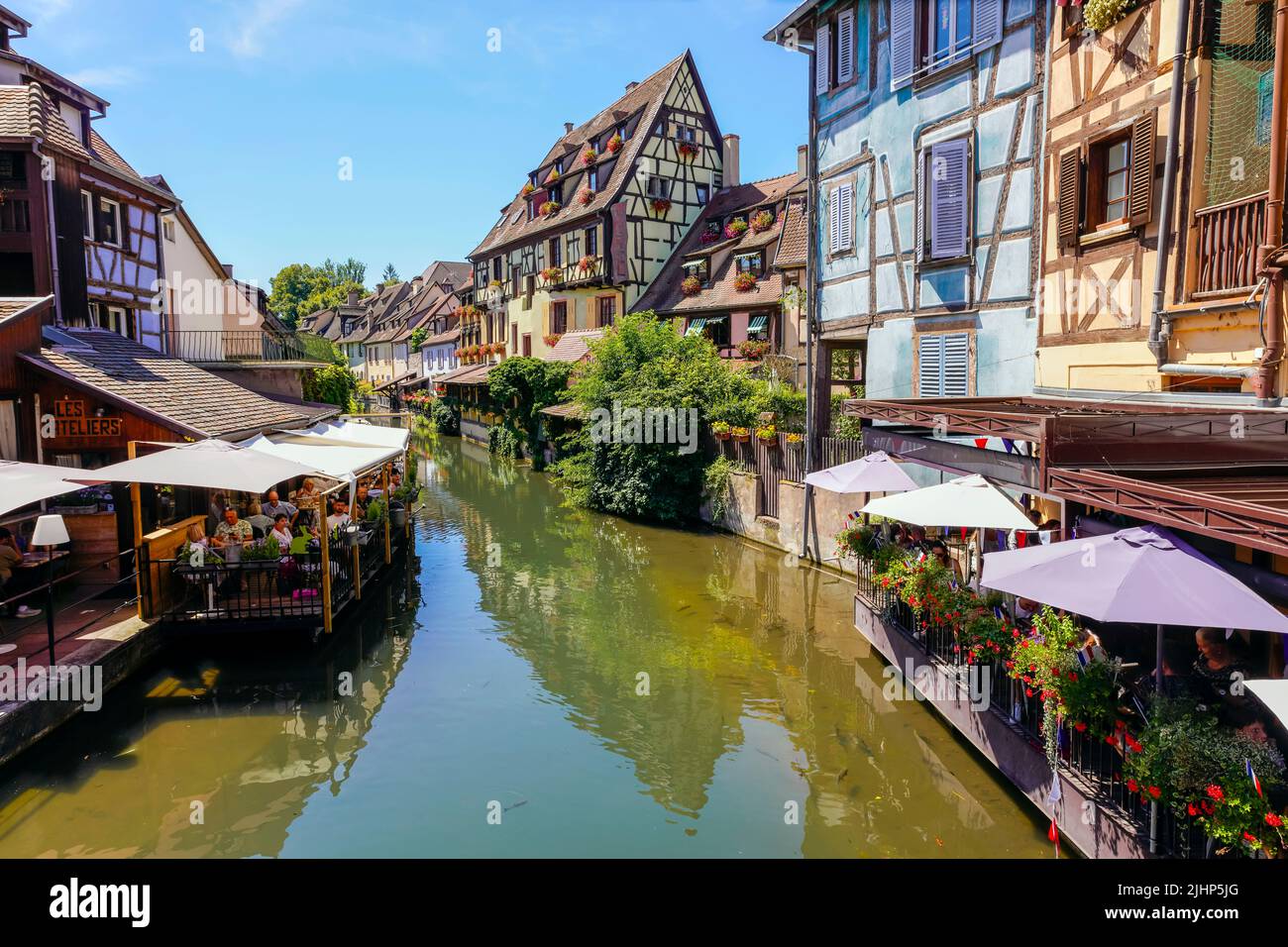 So-called Little Venice (Petite; Venise) by Lauch river in Colmar. Colorful traditional Alsatian houses in the historic town of Colmar, Alsace, France Stock Photo