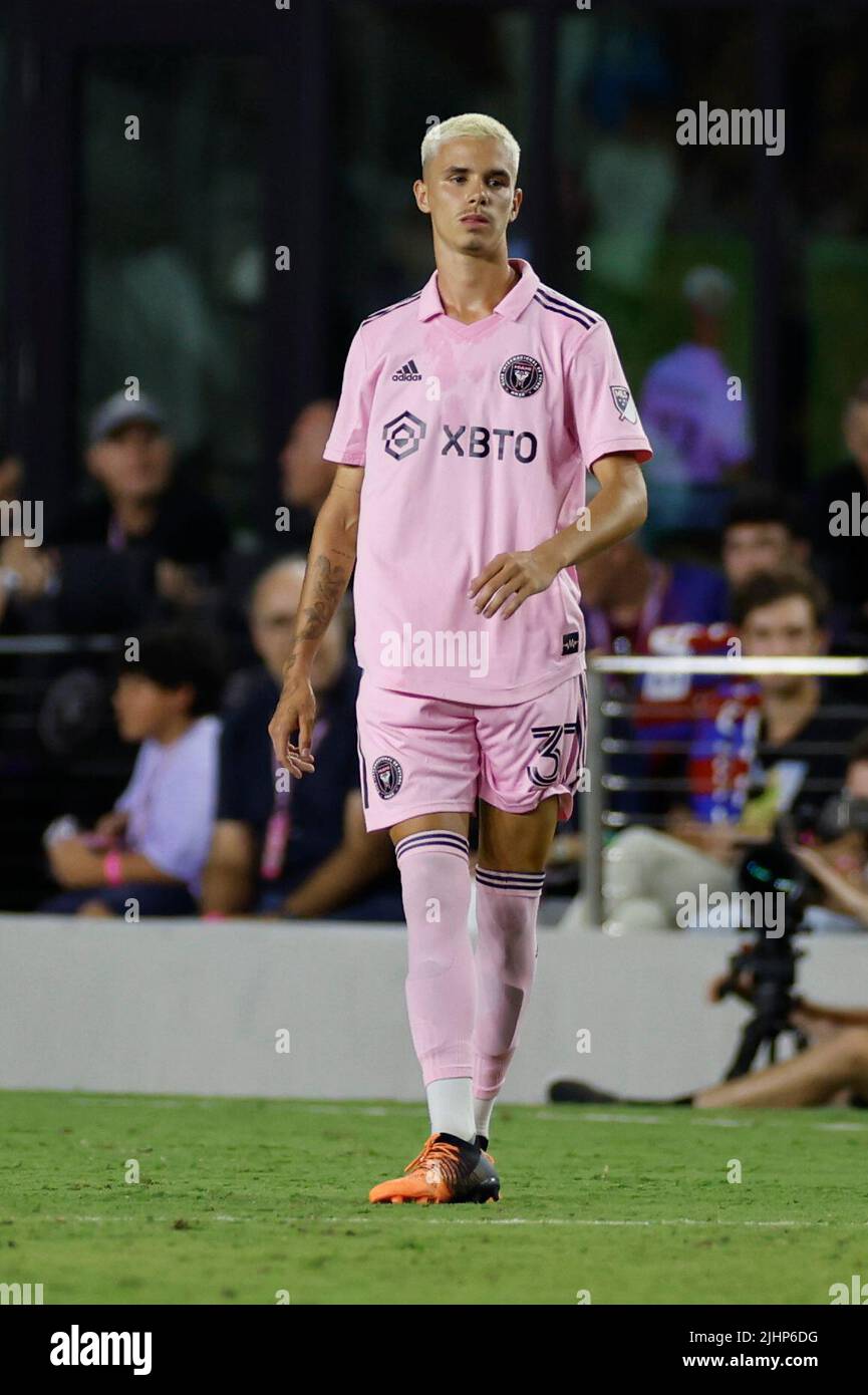 Inter Miami forward Romeo Beckham, left, son of David Beckham, chats with  FC Barcelona forward Memphis Depay, Tuesday, July 19, 2022, after a  friendly soccer match in Fort Lauderdale, Fla. (AP Photo/Wilfredo