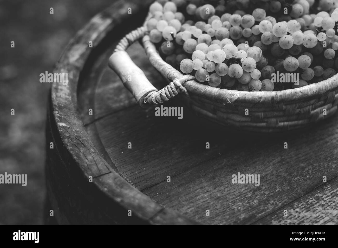 Grapes on the basket on the wooden barrel Stock Photo
