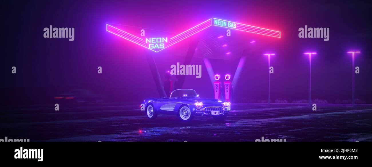 Neon gas station and retro car. Vintage cyberpunk auto. Fog rain and night. Color vibrant reflections on asphalt. 3D illustration. Stock Photo