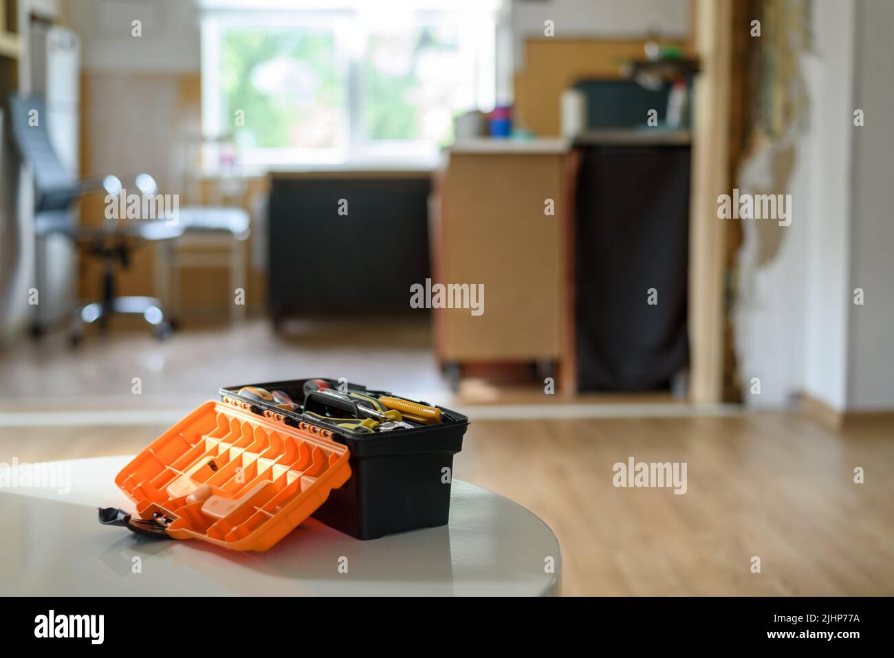 Tool box in apartment renovation area on floor Stock Photo Alamy