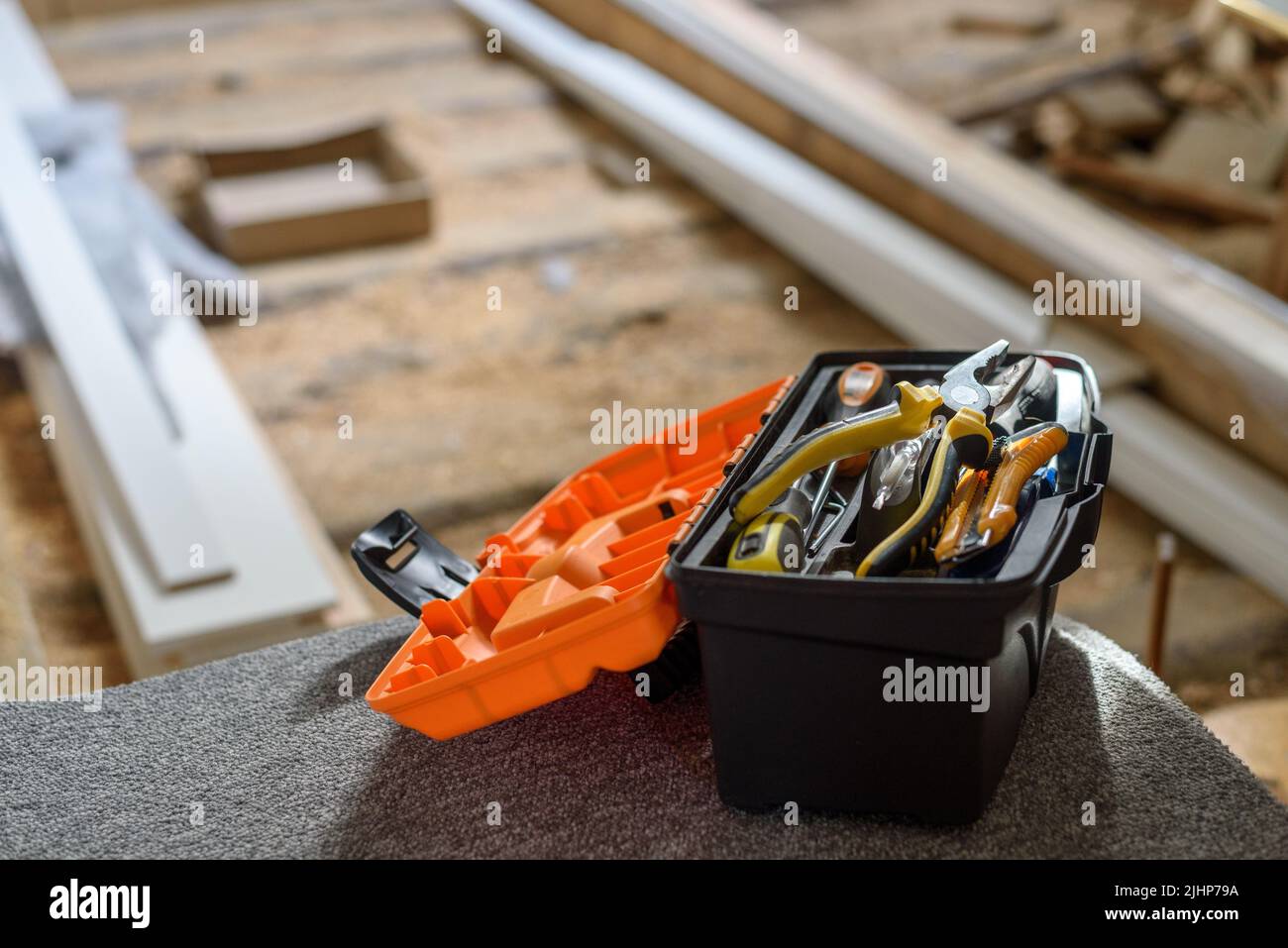 Tool box in apartment renovation area on floor Stock Photo Alamy