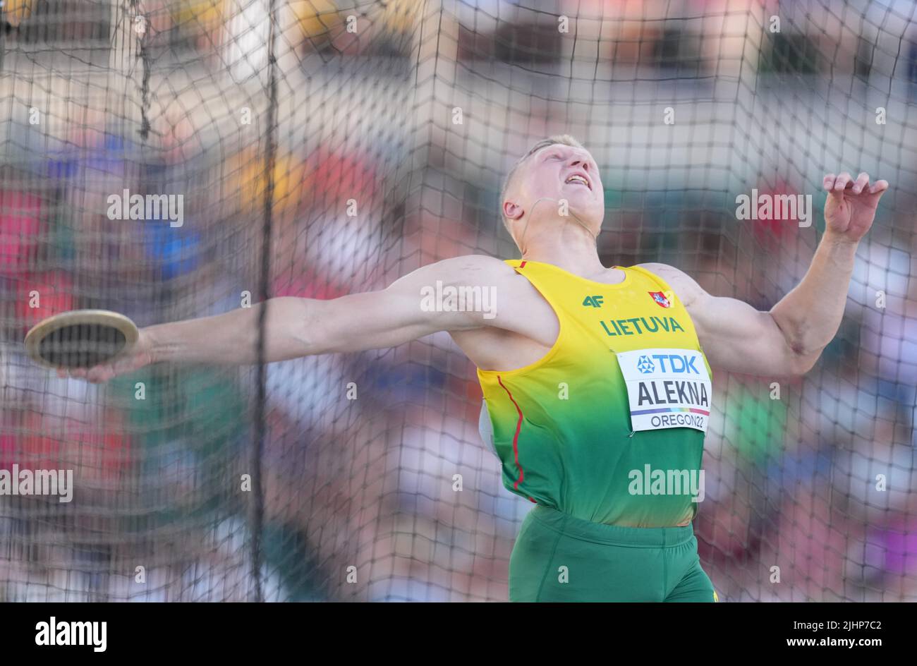 Eugene, USA. 19th July, 2022. Mykolas Alekna of Lithuania competes
