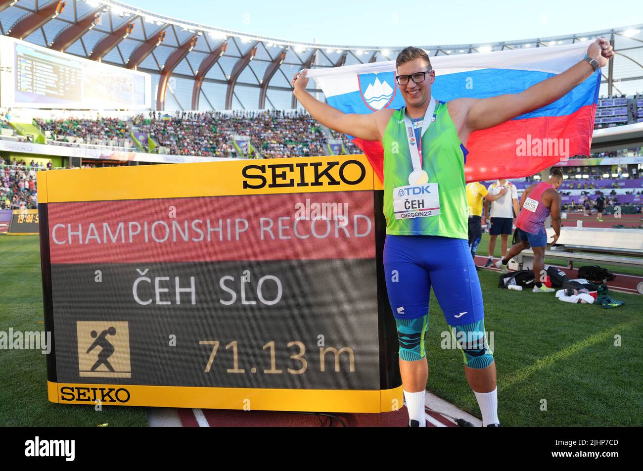 Eugene, USA. 19th July, 2022. Kristjan Ceh of Slovenia poses for photos
