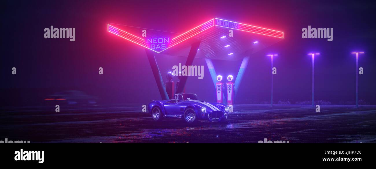 Neon gas station and retro car. Vintage cyberpunk auto. Fog rain and