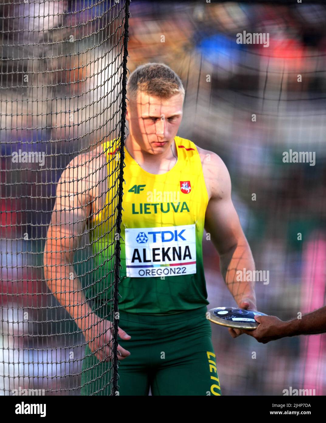 Eugene, USA. 19th July, 2022. Mykolas Alekna of Lithuania passes the