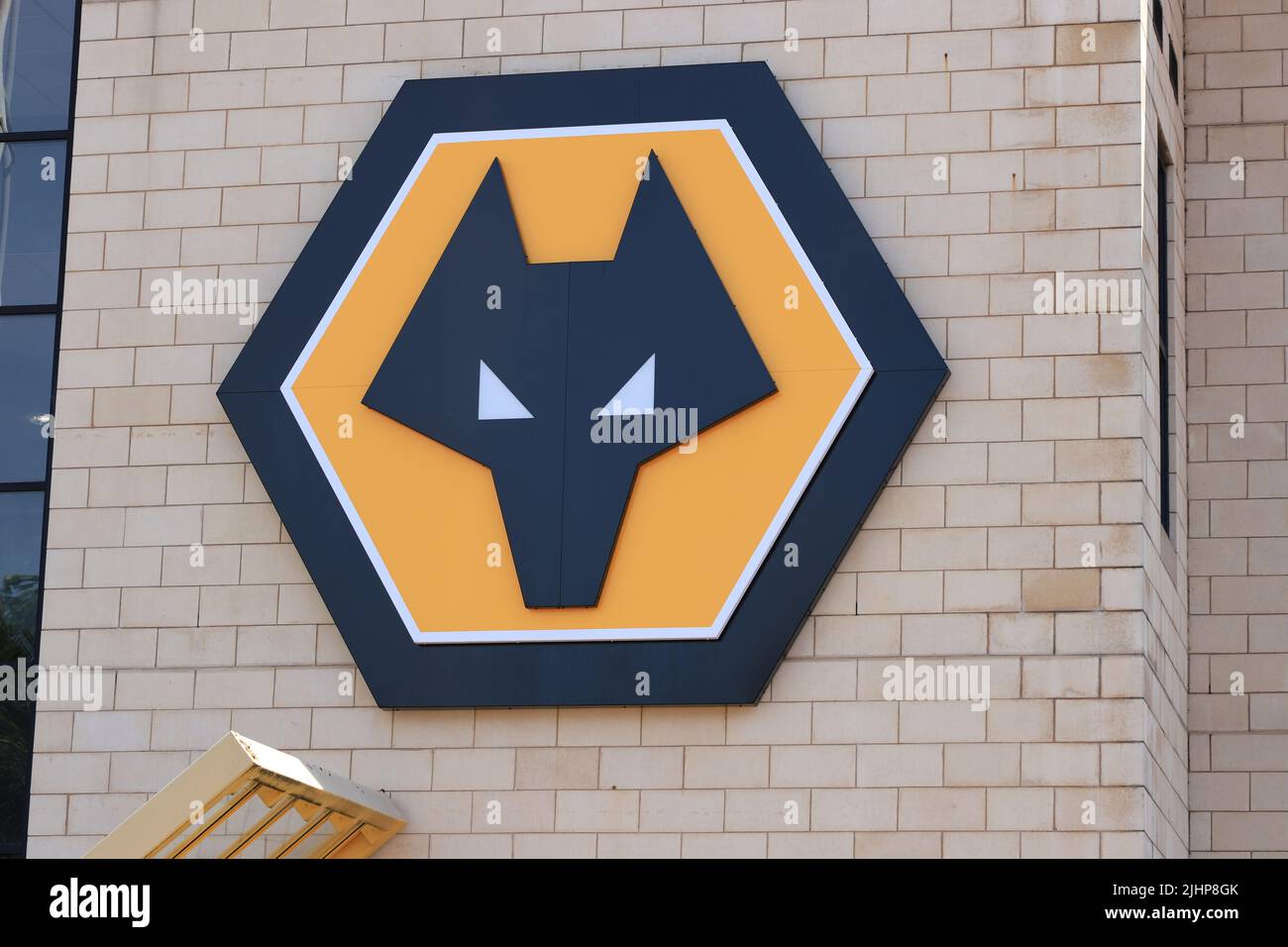 Logo of the Premier League football team, Wolverhampton Wanderers in Wolverhampton in the UK Stock Photo