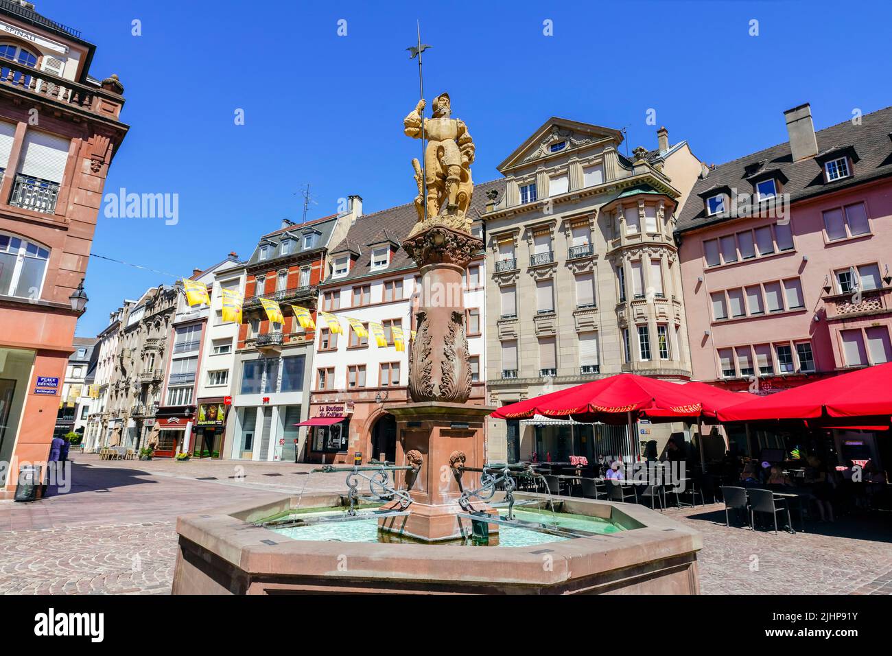 Fontaine du Hallebardier, Place de la Reunion or Rothussplatz, Mulhouse, Alsace, France. Stock Photo