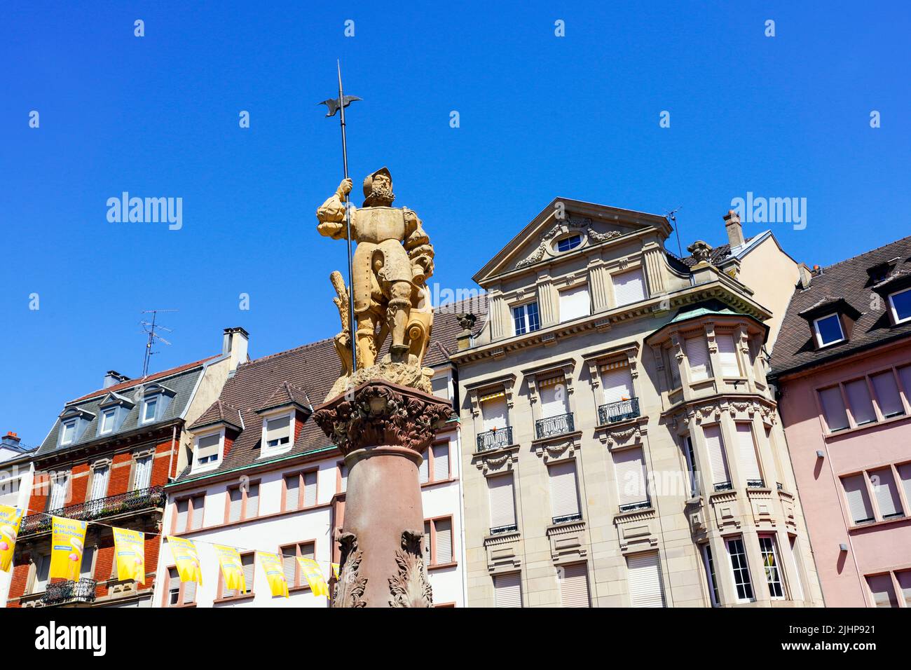 Fontaine du Hallebardier, Place de la Reunion or Rothussplatz, Mulhouse, Alsace, France. Stock Photo