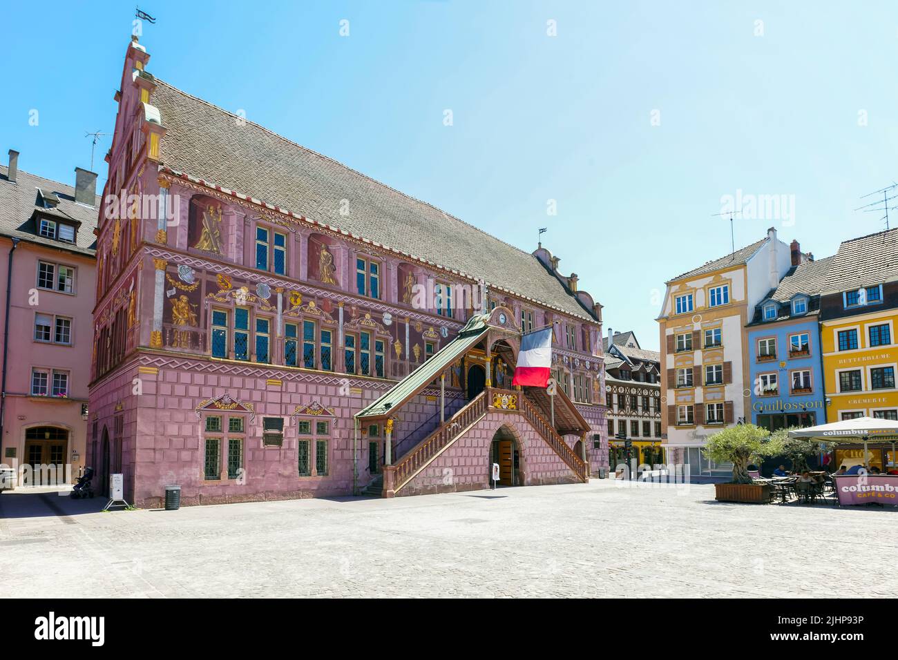 Former Town Hall in Mulhouse, Alsace, France. Its façade was decorated in 1698 by Jean Gabriel  in visual illusion representing allegoric figures. Stock Photo