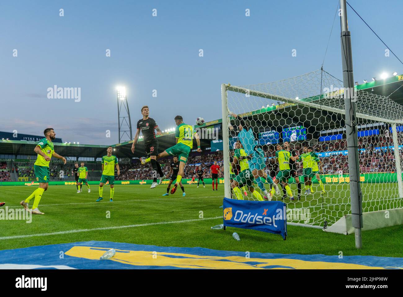 Herning, Denmark. 19th July, 2022. Charles (35) of FC Midtjylland and Rafail Mamas (66) of AEK Larnaca seen during the UEFA Champions League qualification match between FC Midtjylland and AEK Larnaca at MCH Arena in Herning. (Photo Credit: Gonzales Photo/Alamy Live News Stock Photo