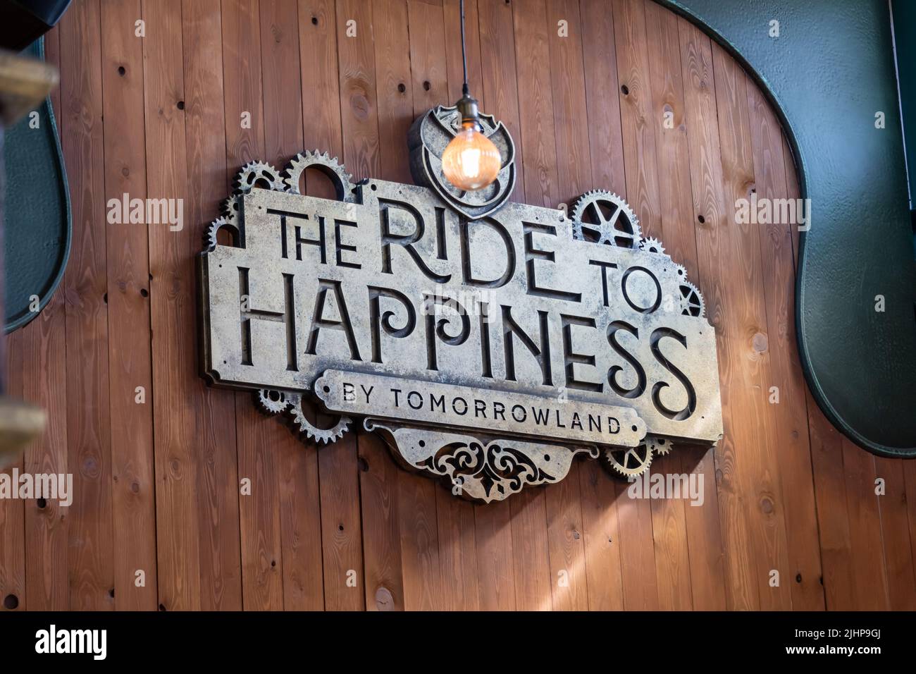 Sign for 'The Ride To Happiness', a large roller coaster at Plopsaland in Belgium. Stock Photo