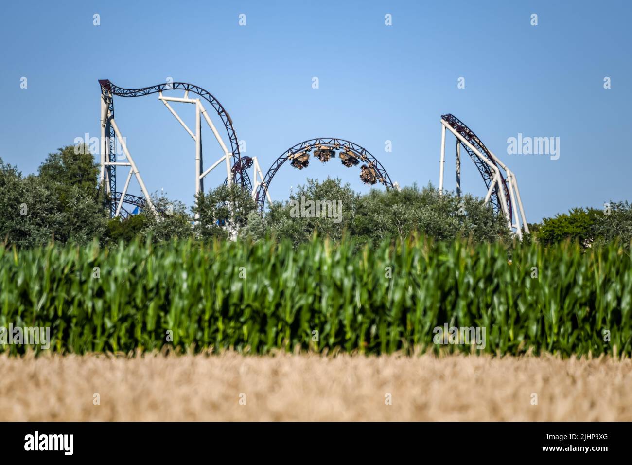 'The Ride To Happiness', a large roller coaster at Plopsaland in Belgium. Stock Photo