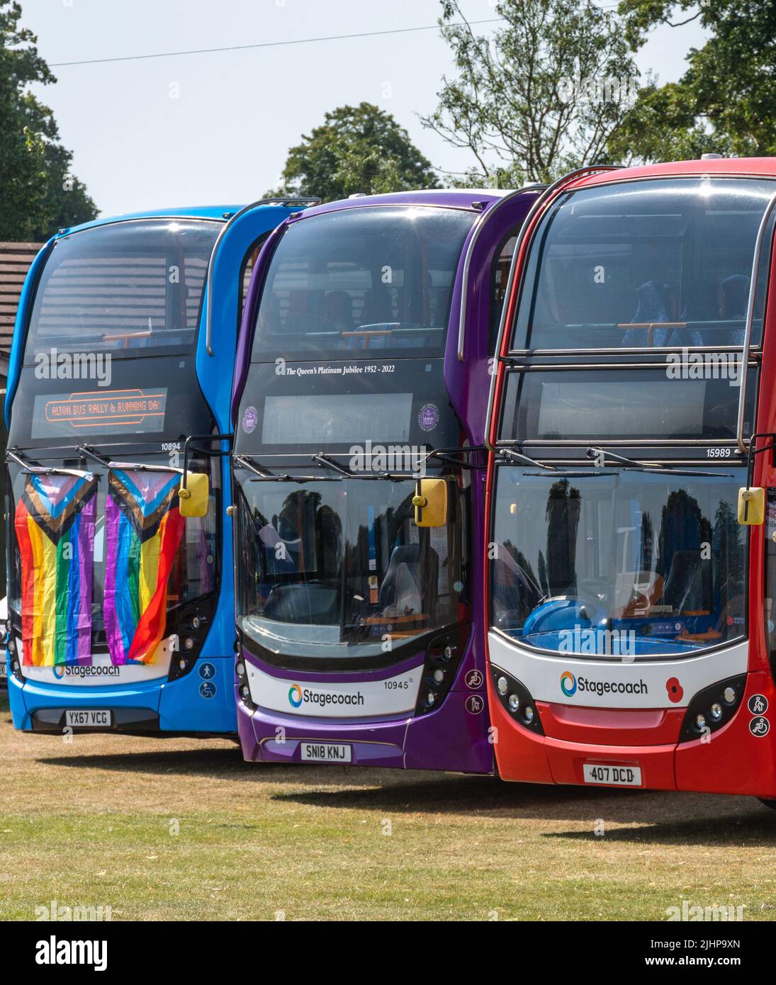 Stagecoach buses with special livery: gay pride flags, the Queen's platinum Jubilee and the Royal British Legion Poppy Appeal, England, UK Stock Photo