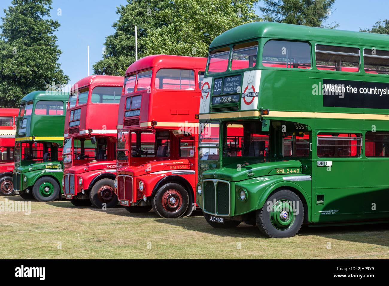 Alton Bus Rally and Running Day in July 2022, row of vintage buses at the summer transport event in Anstey Park, Alton, Hampshire, England, UK Stock Photo