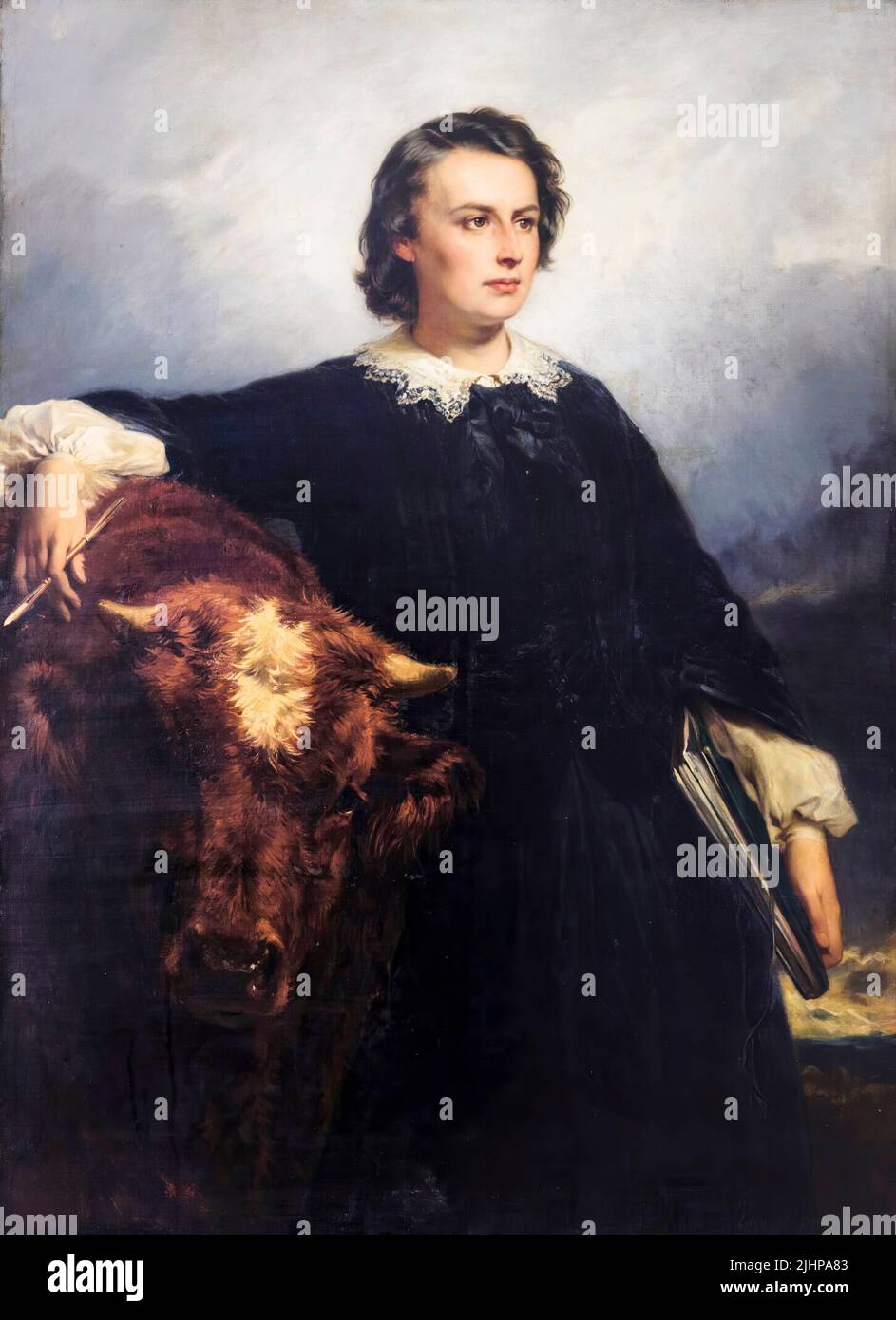 Rosa Bonheur (1822-1899) with a Bull, portrait painting of the French ...