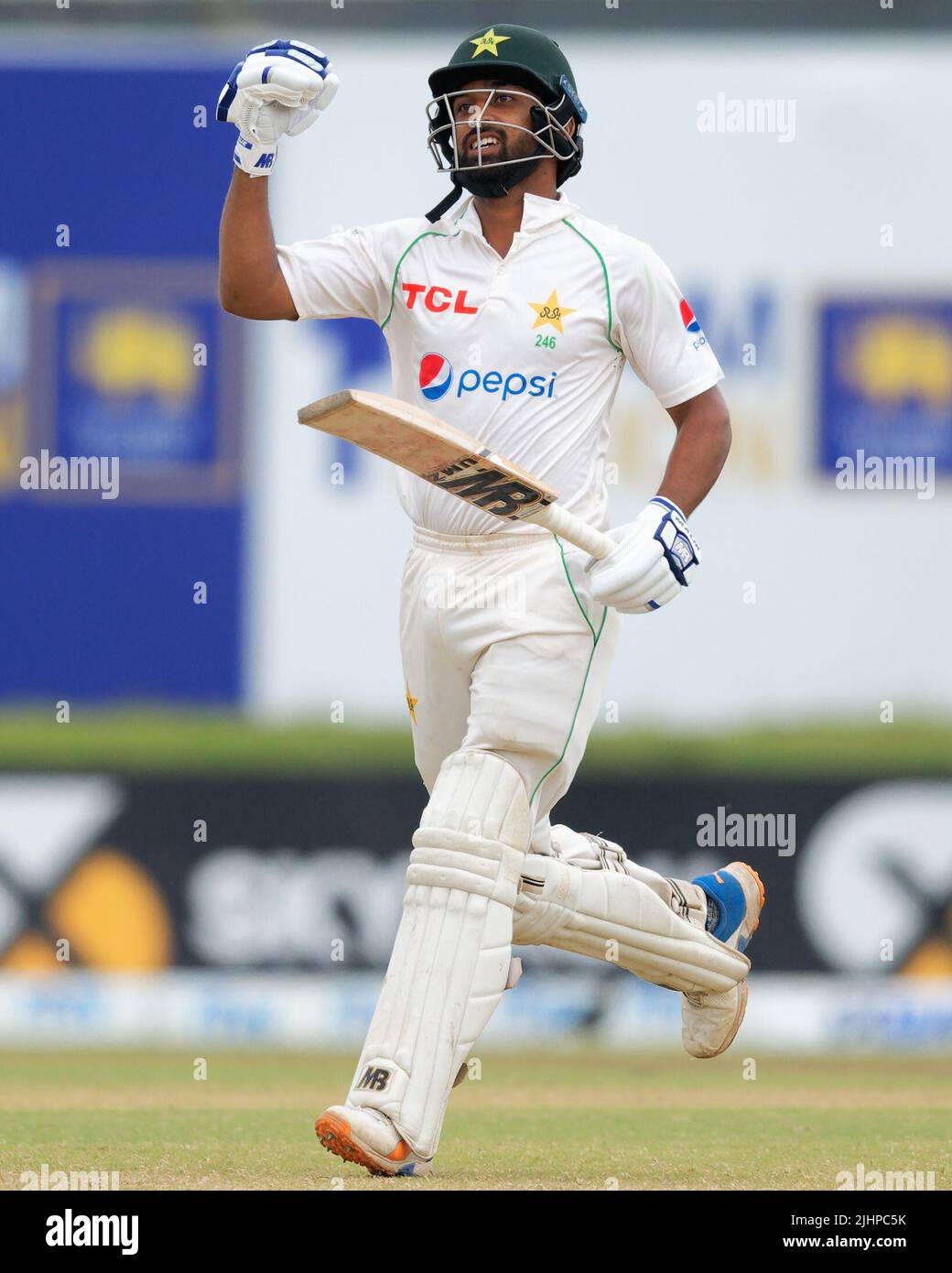 Galle, Sri Lanka. 20th July 2022. Pakistan's Abdullah Shafique celebrates the winning runs during the 5th day of the 1st test cricket match between Sri Lanka vs Pakistan at the Galle International Cricket Stadium in Galle on 20th July, 2022. Viraj Kothalwala/Alamy Live News Stock Photo