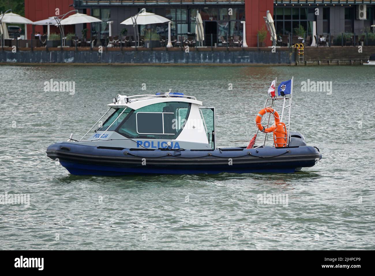 Mikolajki, Poland, July 20th, 2022 - Police motorboat on patrol Stock Photo