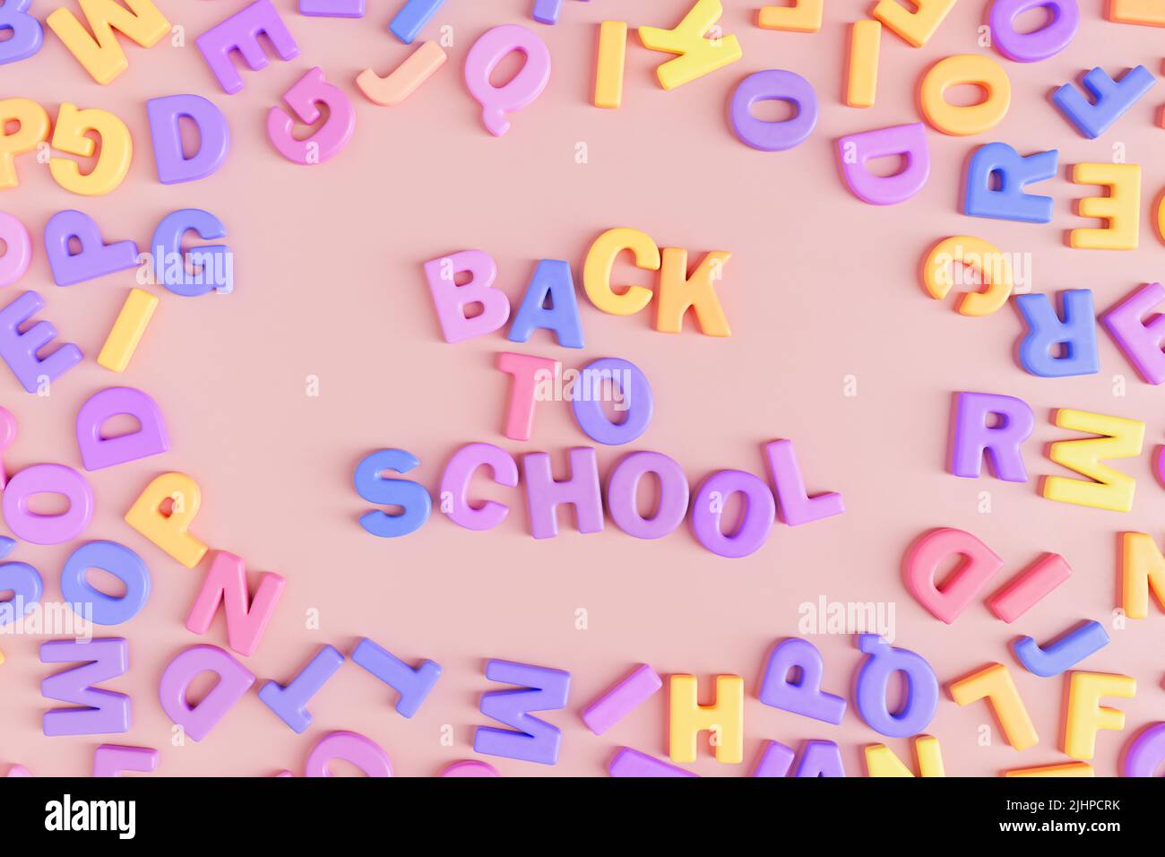 Top view 3D illustration of Back To School inscription made with colorful plastic letters scattered on pink background Stock Photo