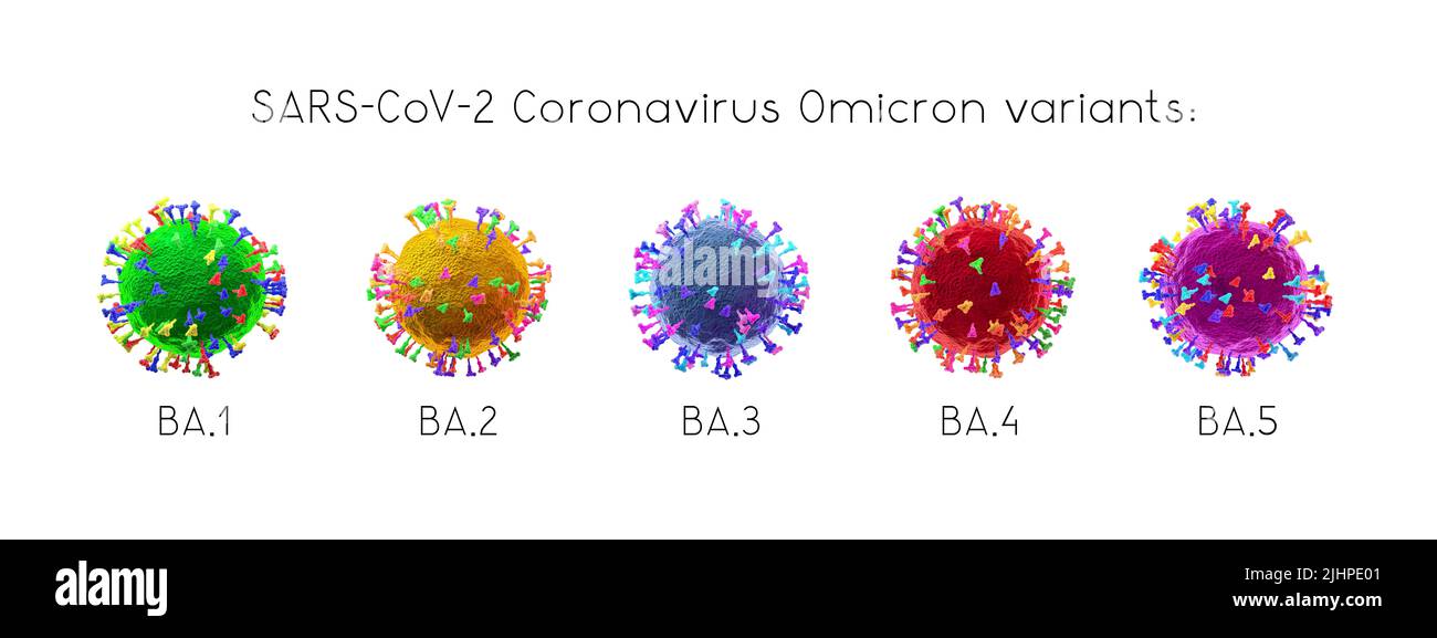 BA.1, BA.2, BA.3, BA.4, BA.5 - SARS-CoV-2 Covid-19 coronavirus omicron variants - 3D illustration Stock Photo