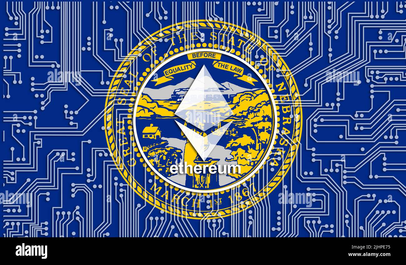 flag of Nebraska, USA and ethereum coin, Integrated Circuit Board pattern. Ethereum  Stock Growth. Conceptual image for investors in cryptocurrency and Stock  Photo - Alamy