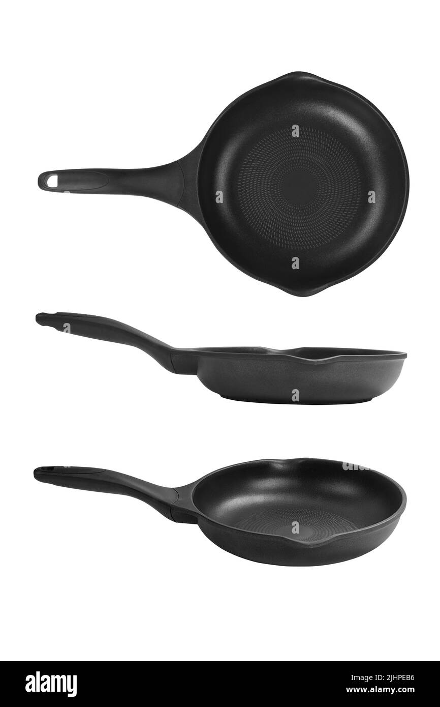 Black frying pan three different views. Isolated on white, clipping path included Stock Photo