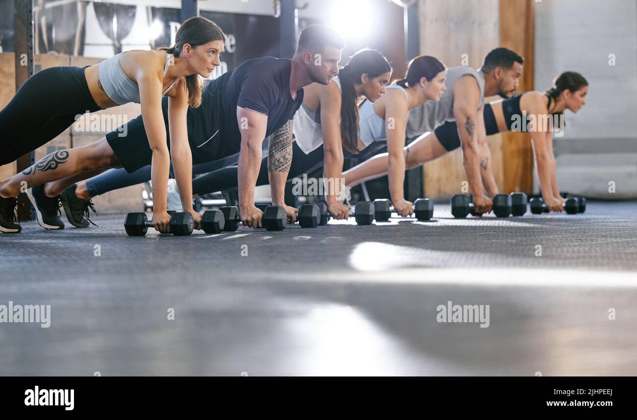 Diverse group of active young people doing plank hold and push up exercises with dumbbells while training together in a gym. Focused athletes doing Stock Photo