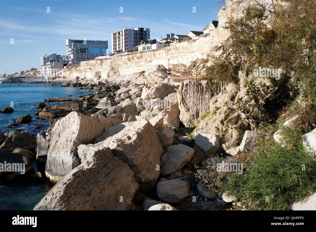 Rocks on the shore of the Caspian Sea. 10 October 2019 year. Aktau city. Kazakhstan Mangistau region. Stock Photo