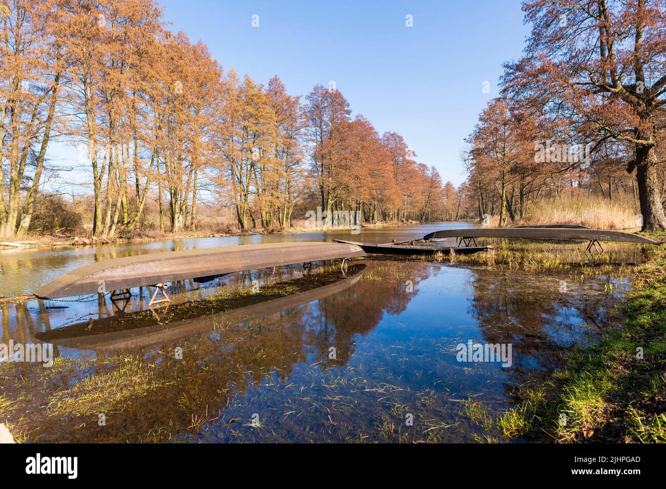 Spreeforest barges in February when the Spree overflows its banks Stock Photo