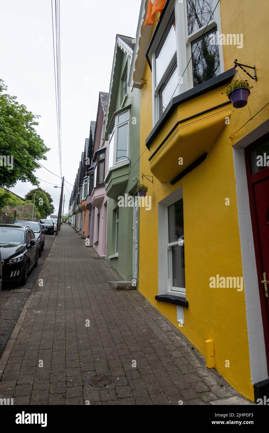 'Deck of Cards', Terraced Houses on steep hill, West View,Cobh (Queenstown), Ireland Stock Photo