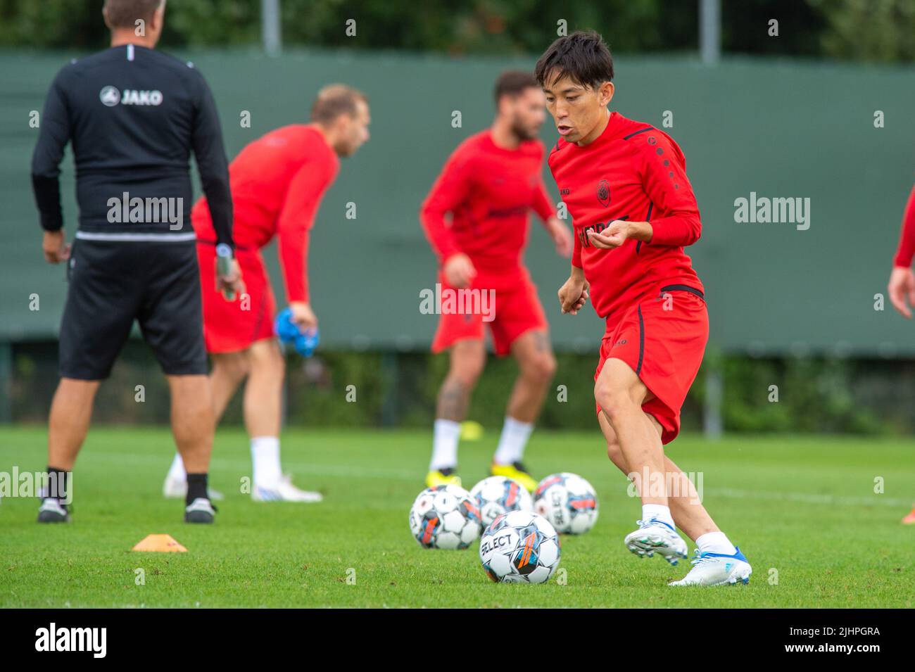 Antwerp, Belgium, 20 July 2022, Antwerp's Koji Miyoshi plays the ball during a training session of Belgian soccer club Royal Antwerp FC, Wednesday 20 July 2022 in Antwerp, in preparation of tomorrow's match against Kosovar FC Drita, the first leg of the second qualifying round for the UEFA Europa Conference League. BELGA PHOTO JONAS ROOSENS Stock Photo