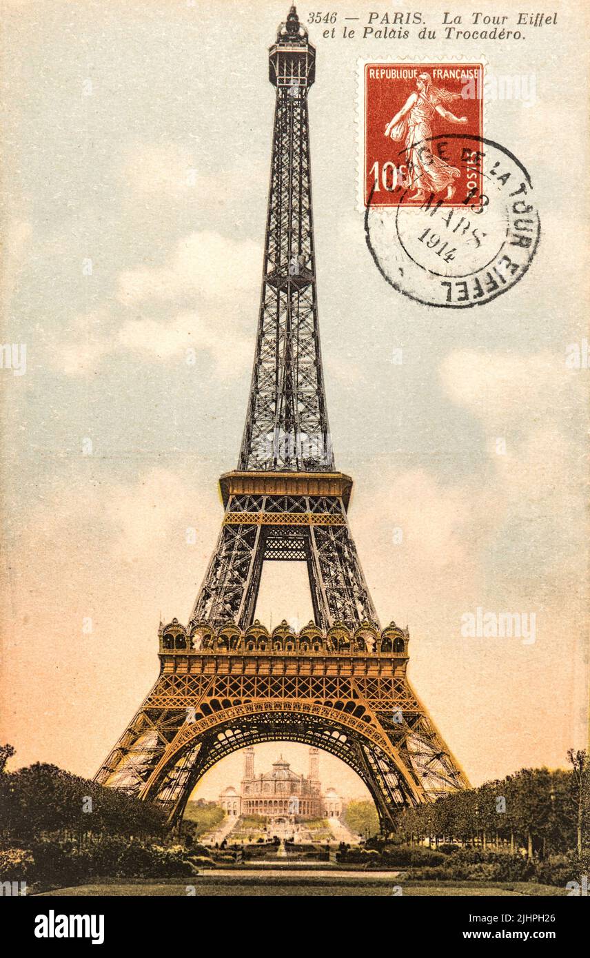 Vintage postcard with Eiffel Tower Paris, France, circa 1914 Stock Photo