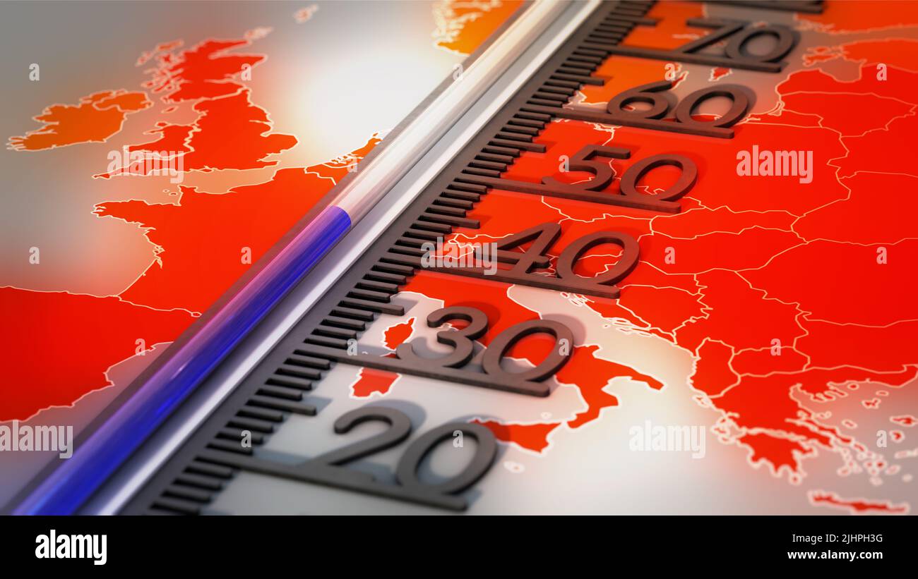 Thermometer on temperature map of Europe Stock Photo