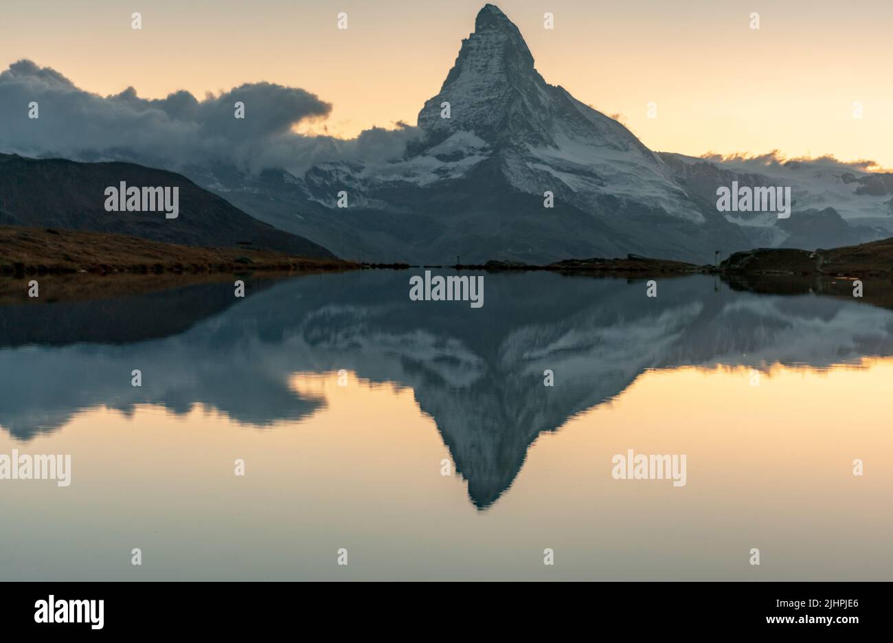 Panoramic Evening View Of Lake Stellisee With The Matterhorn Cervino 