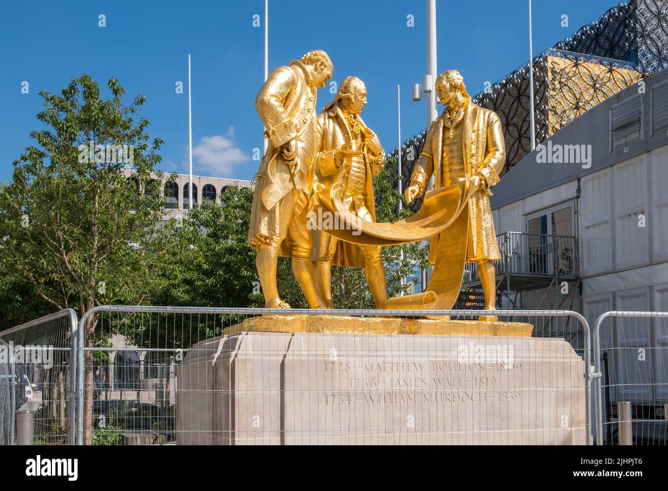 'The Golden Boys' a guided statue of Matthew Boulton, William Murdoch and James Watt by William Bloye in Centenary Square, Birmingham Stock Photo