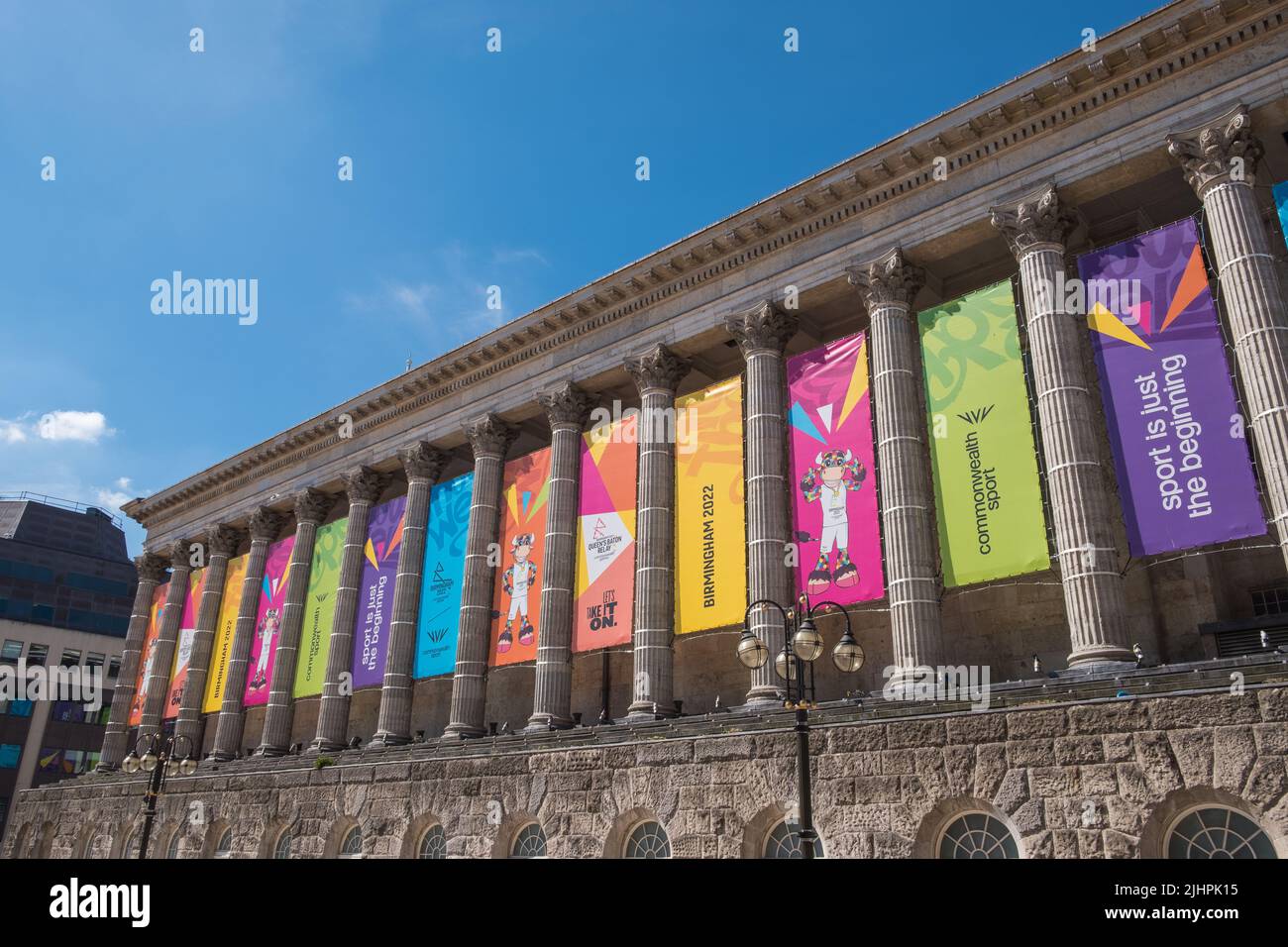 Birmingham Town Hall decorated with colourful banners during the 2022