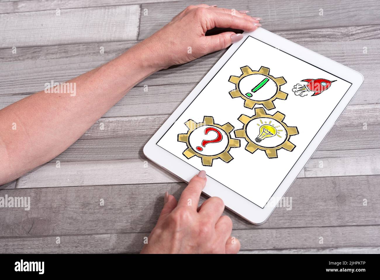 Problem solving concept shown on a tablet used by a woman Stock Photo